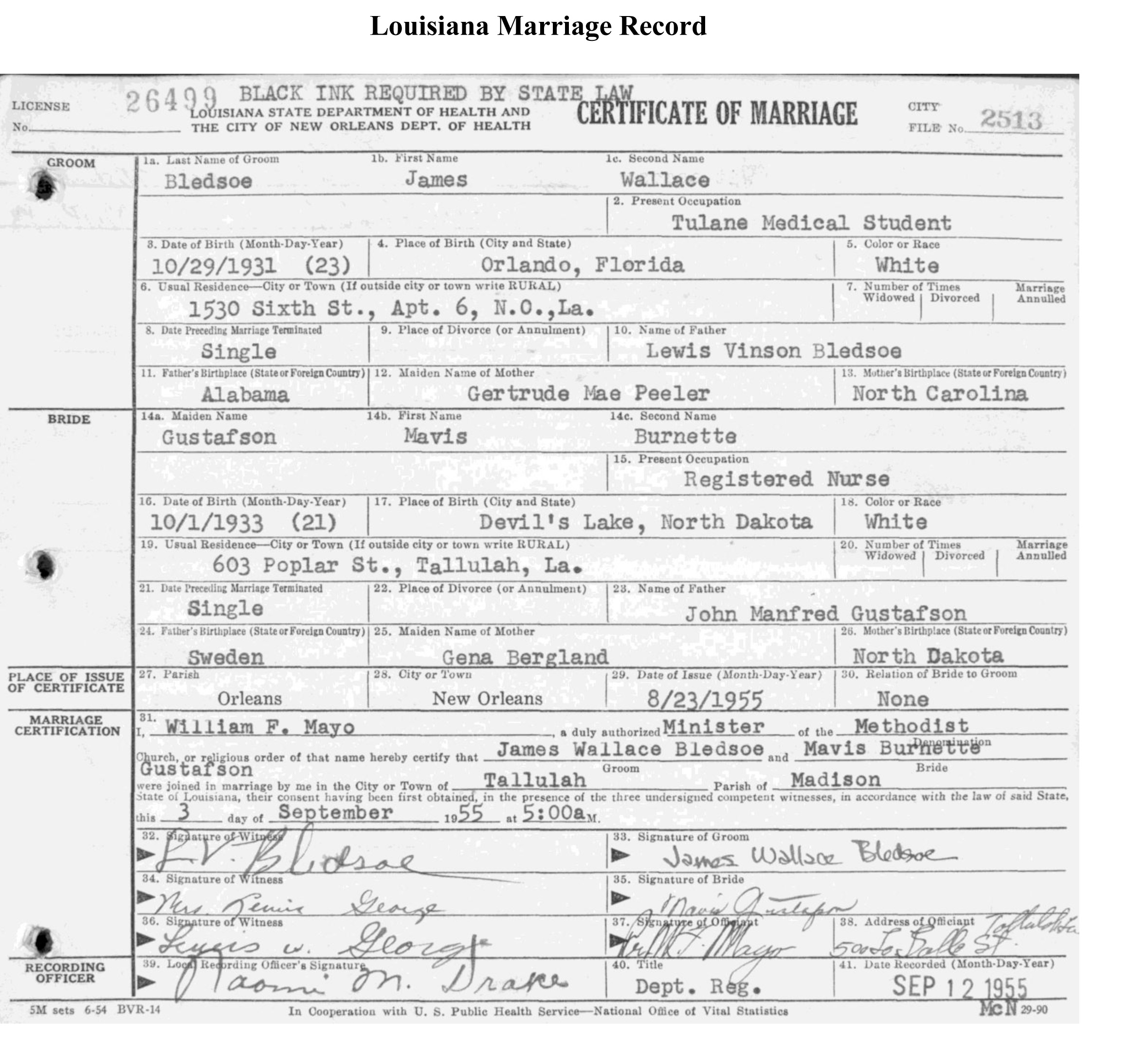 Louisiana marriage license copy